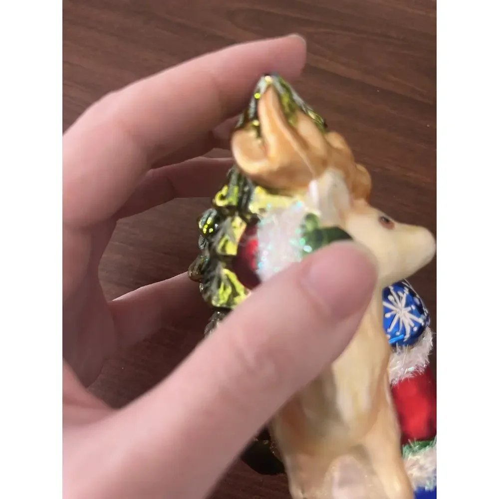 Vintage Glass Christmas Ornament Santa And Deer With Texture Hand Painted